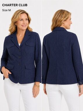 Charter Club Navy Eyelet Cotton Blazer Jacket Size Medium Classic Chic